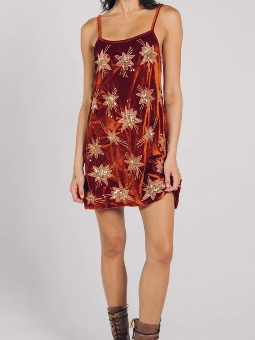 Lenni Malu Velvet Sequin Star Embroidered Open Back Mini Dress Tunic Rust XS EUC